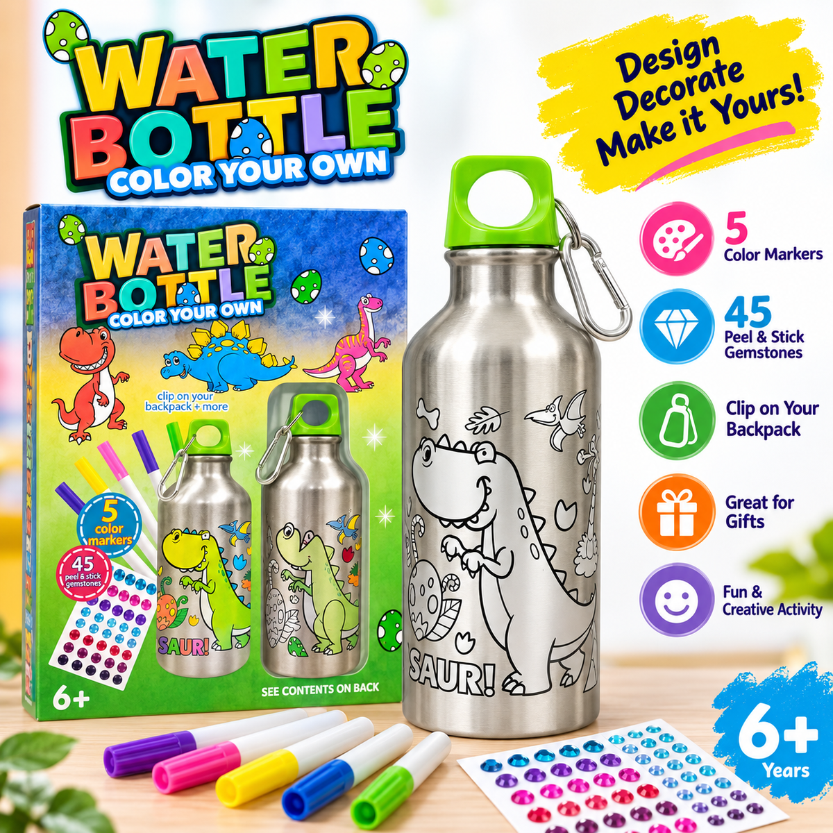KRySt DIY Doodle Water Bottle for Kids (500 ml) | Includes 5 Color Pens | Creative Art & Craft Activity | Personalize...