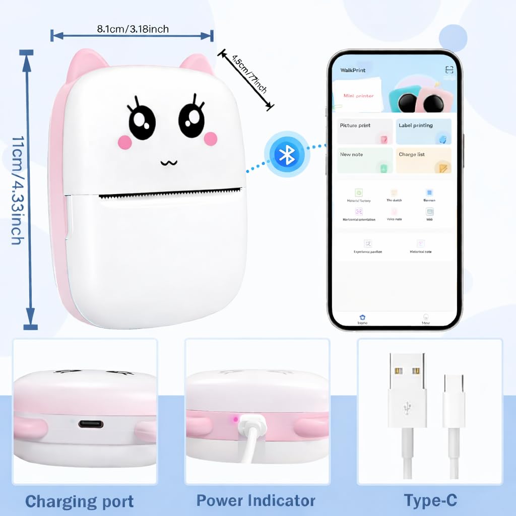 Brand Conquer Mini Bluetooth Thermal Printer for Kids | Cute Kitty Design | Portable & Rechargeable | Ink-Free Printi...