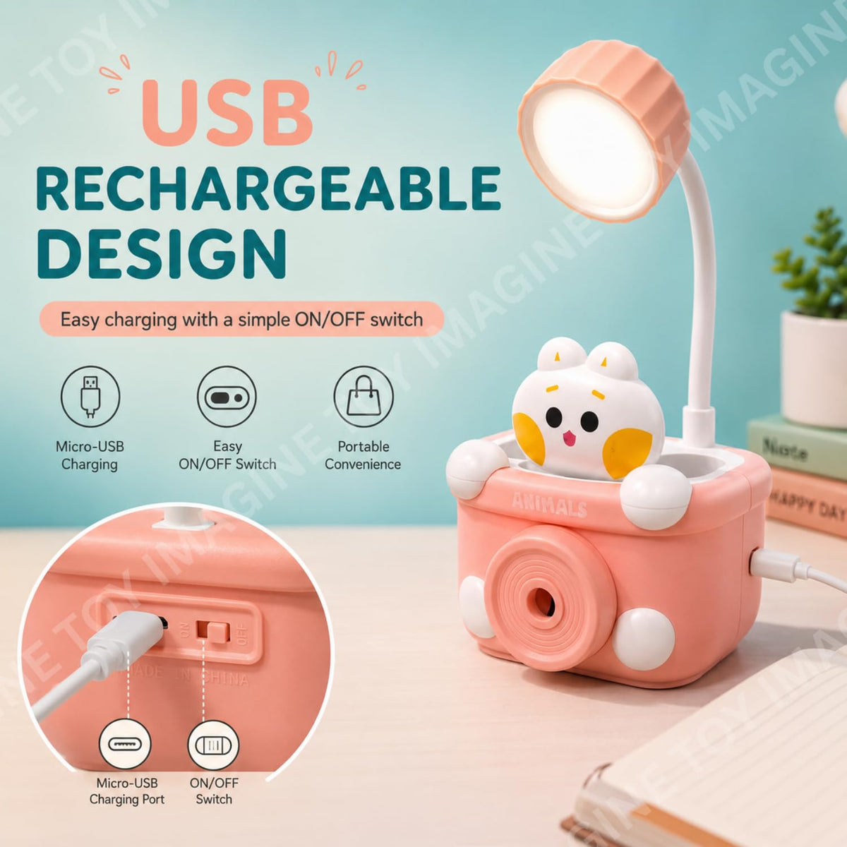 Toy Imagine 3-in-1 Kids LED Study Lamp USB Rechargeable Night Light with Pen Holder and Pencil Sharpener Cute Camera ...