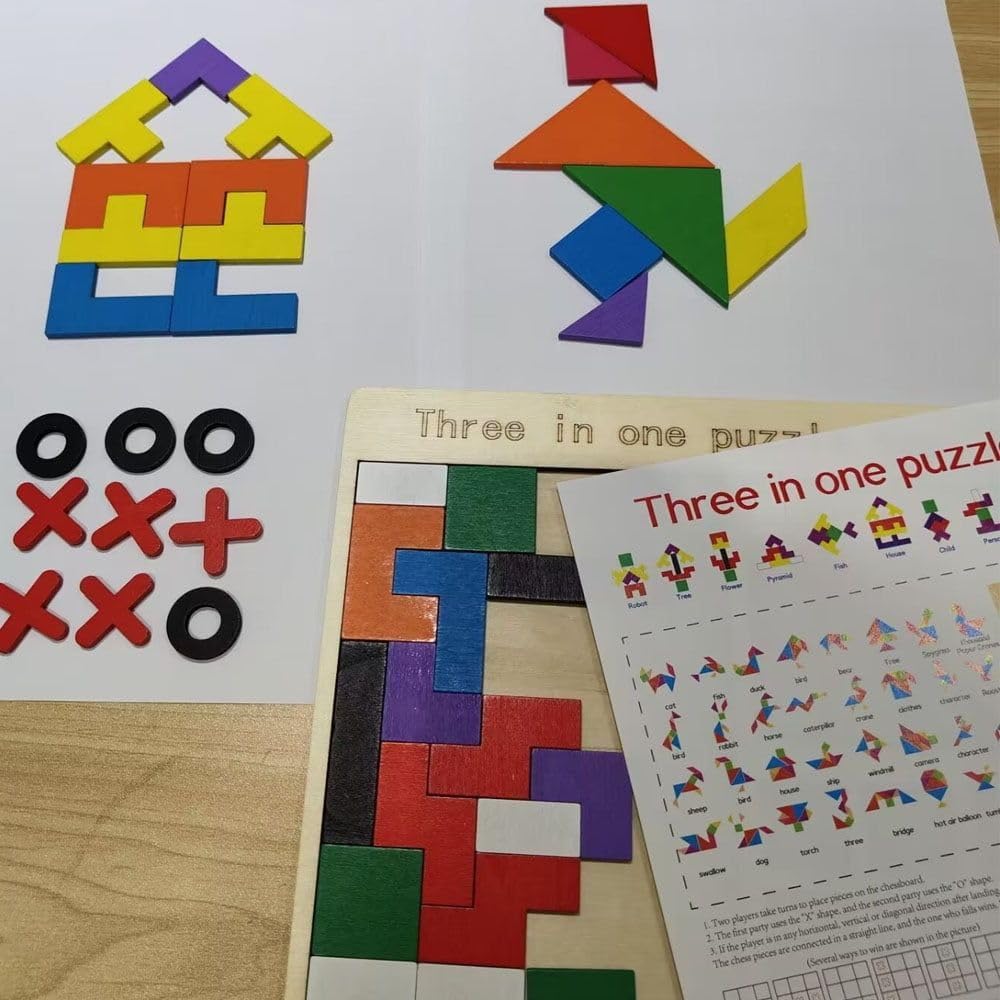 Three in One Puzzle Toy for Kids | Wooden Children's Educational Colourful Square Tangram Game | Chess Xo Tic-...