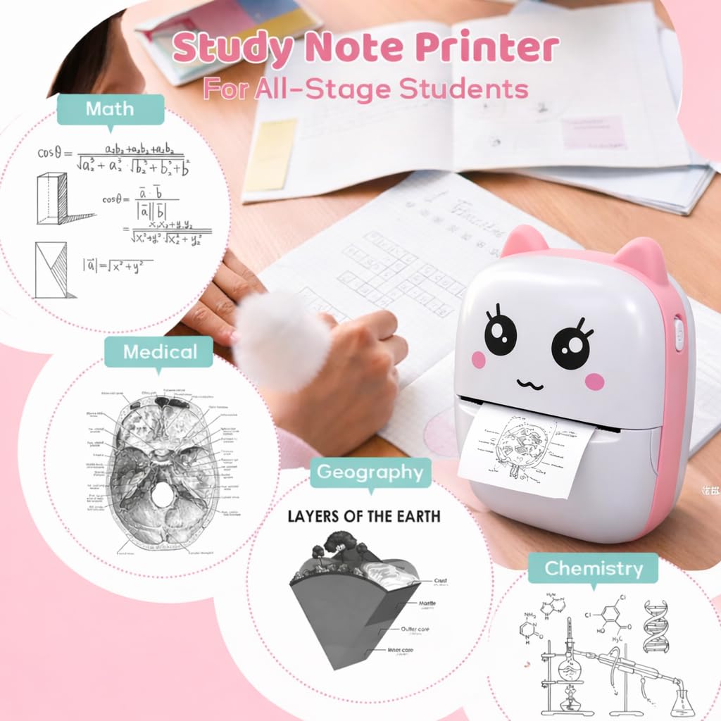 Brand Conquer Mini Bluetooth Thermal Printer for Kids | Cute Kitty Design | Portable & Rechargeable | Ink-Free Printi...