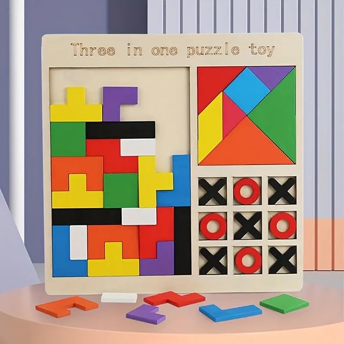 Three in One Puzzle Toy for Kids | Wooden Children's Educational Colourful Square Tangram Game | Chess Xo Tic-...