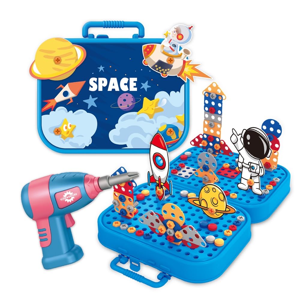 Happy Hues Plastic Diy Electric Drill Screw Tool Set-Mosaic Puzzle 228Pcs- 3D Stem Educational Kit For Kids Construct...