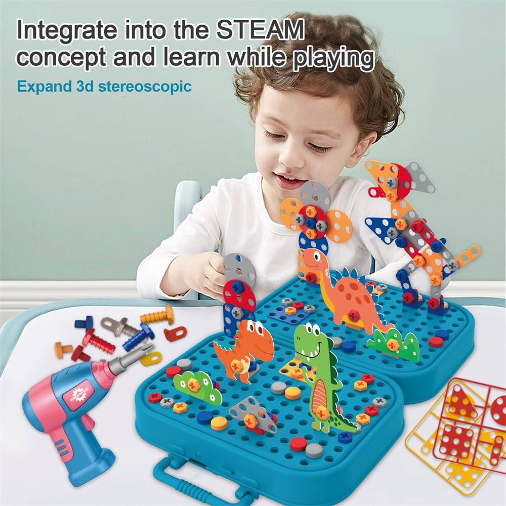 Happy Hues Plastic Diy Electric Drill Screw Tool Set-Mosaic Puzzle 228Pcs- 3D Stem Educational Kit For Kids Construct...