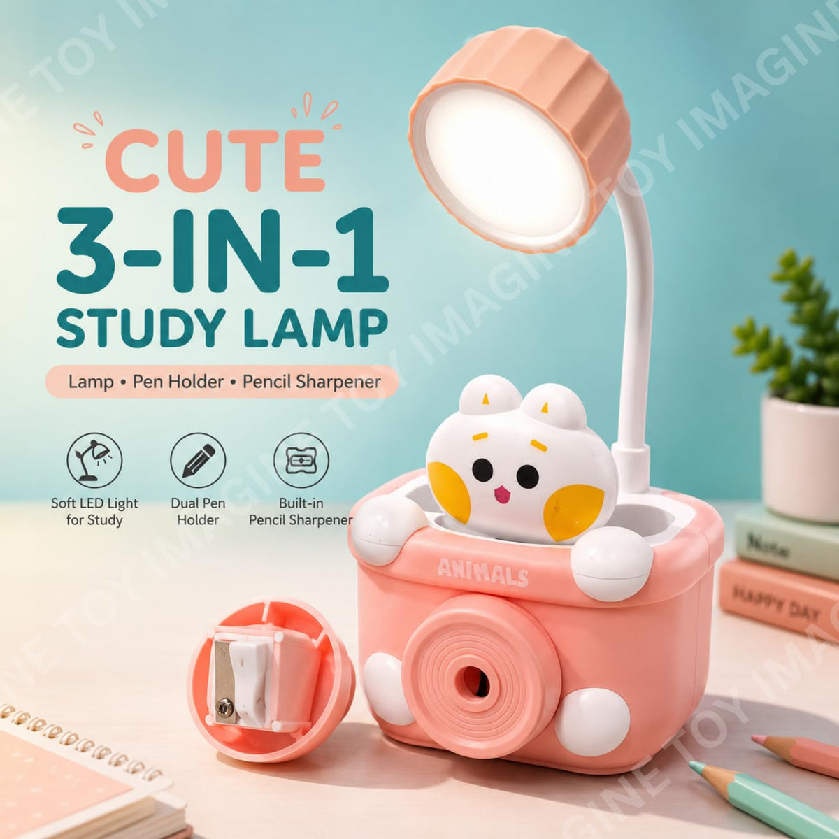 Toy Imagine 3-in-1 Kids LED Study Lamp USB Rechargeable Night Light with Pen Holder and Pencil Sharpener Cute Camera ...