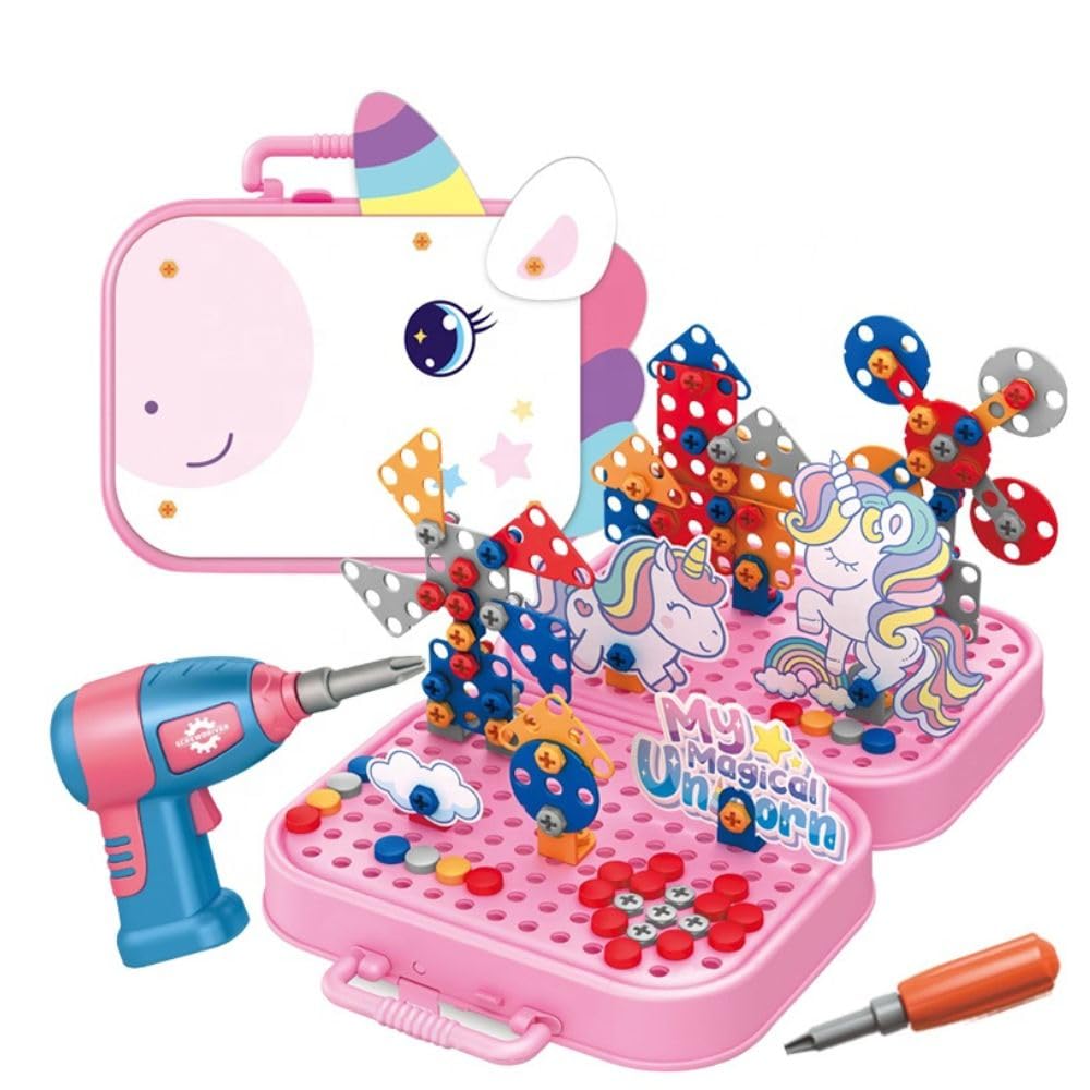Happy Hues Plastic Diy Electric Drill Screw Tool Set-Mosaic Puzzle 228Pcs- 3D Stem Educational Kit For Kids Construct...