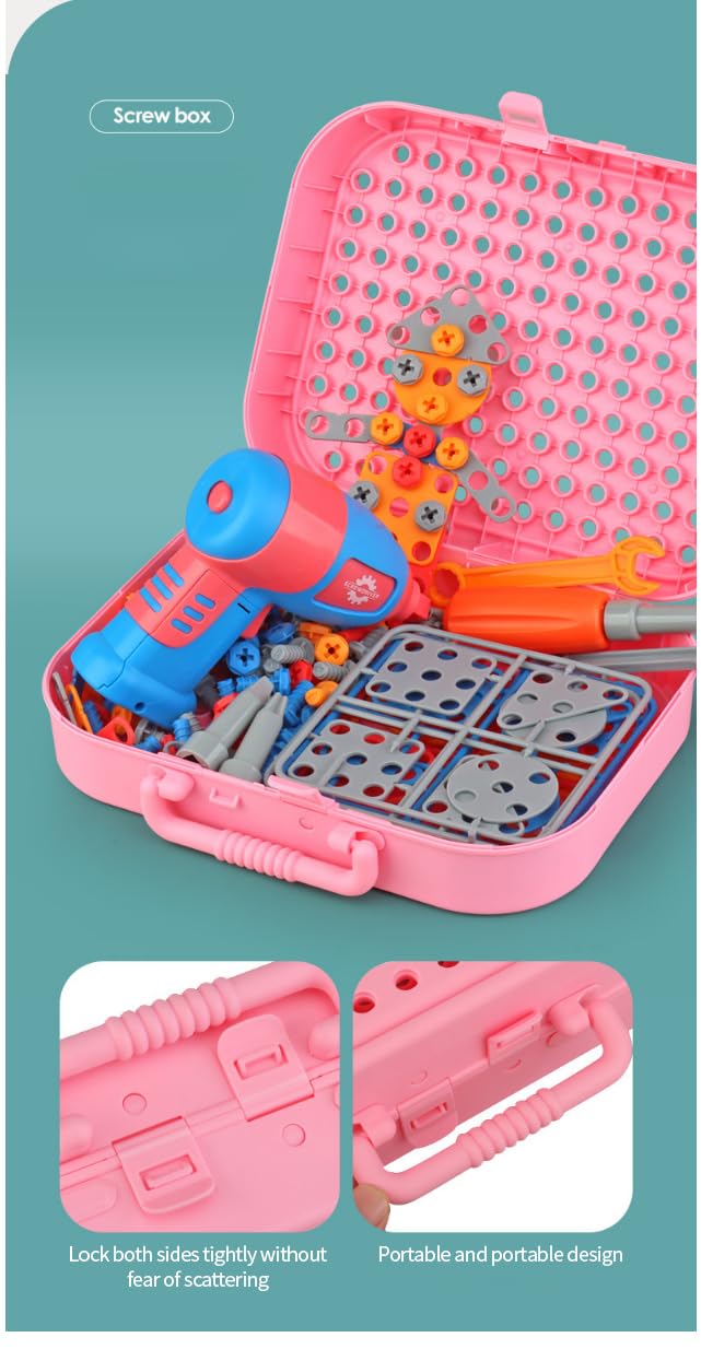Happy Hues Plastic Diy Electric Drill Screw Tool Set-Mosaic Puzzle 228Pcs- 3D Stem Educational Kit For Kids Construct...