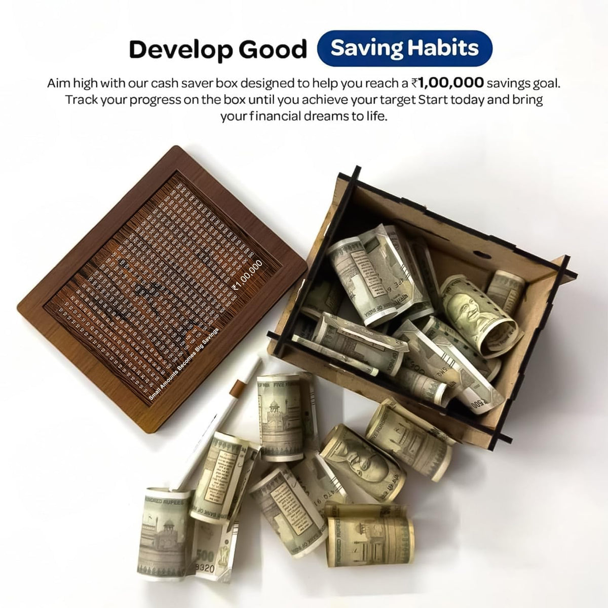Aarambh Wooden Piggy Bank 1,00,000 Savings Challenge Box Gullak