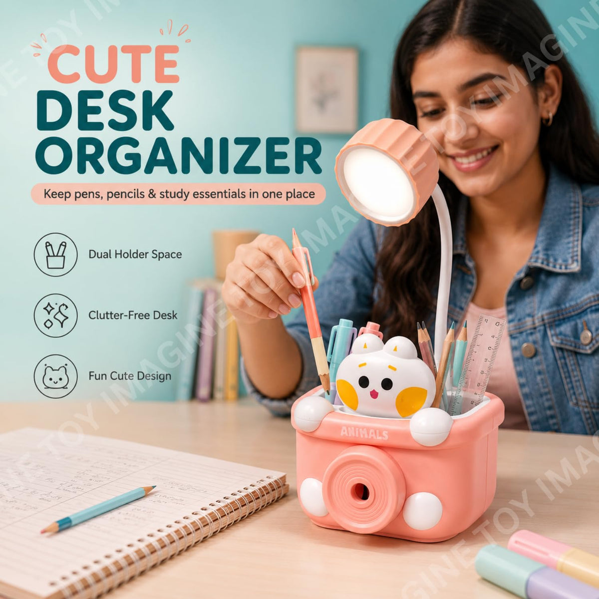 Toy Imagine 3-in-1 Kids LED Study Lamp USB Rechargeable Night Light with Pen Holder and Pencil Sharpener Cute Camera ...