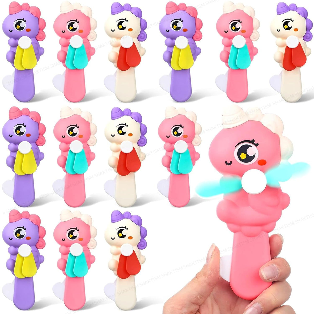 SHAKTISM Kids Hand Pressure Mini Fan, Unicorn Ice Cream, Candy Design, Portable Battery-Free Toy, Pack of 2, Multicol...