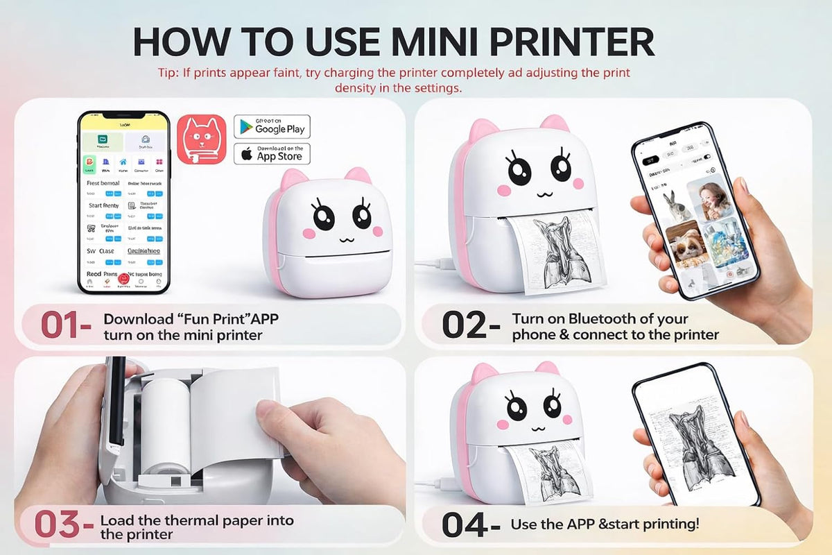 Brand Conquer Mini Bluetooth Thermal Printer for Kids | Cute Kitty Design | Portable & Rechargeable | Ink-Free Printi...