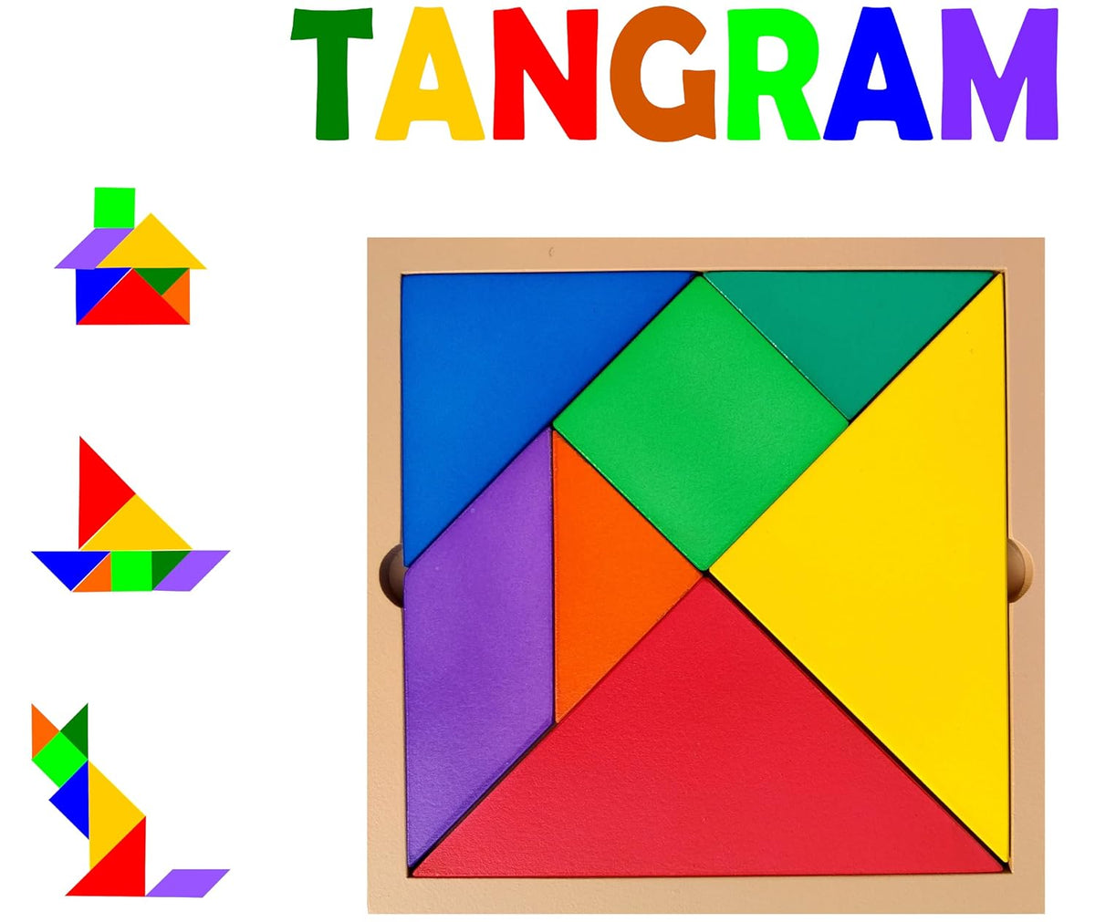 Wooden Tangram Puzzle | 7 Geometric Blocks in Different Color & Shapes & Puzzle Booklet | 13x13 cm | Multicolor Non-T...