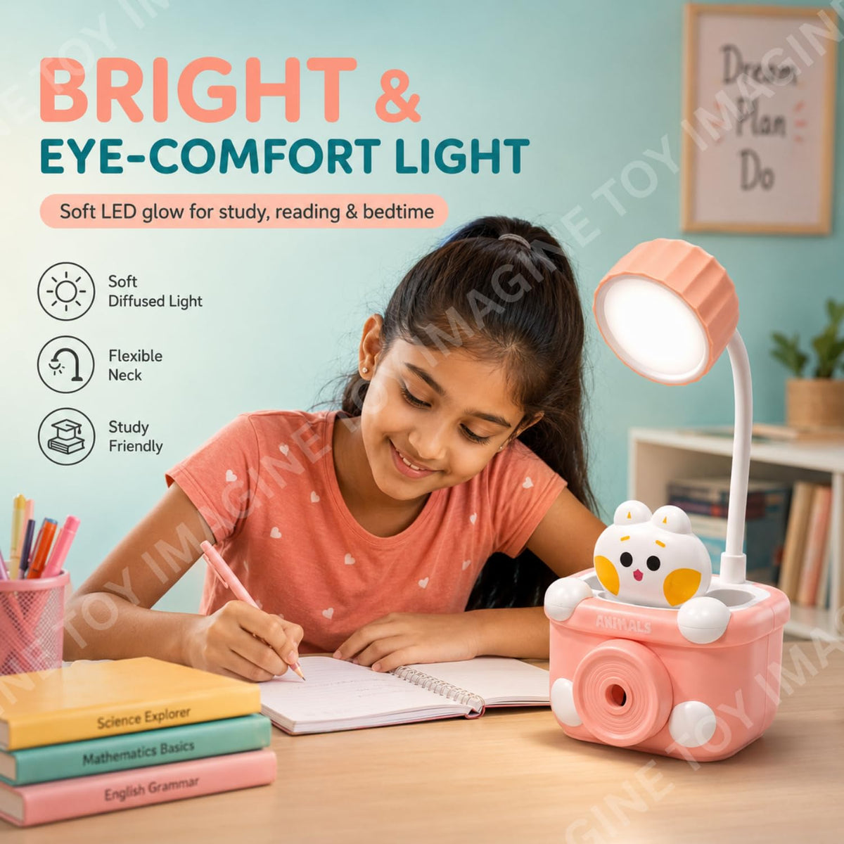 Toy Imagine 3-in-1 Kids LED Study Lamp USB Rechargeable Night Light with Pen Holder and Pencil Sharpener Cute Camera ...