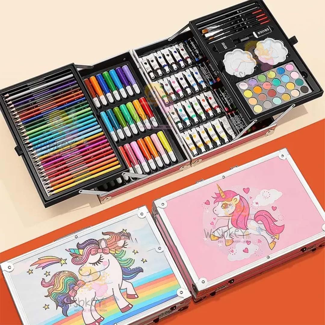 Corslet 145-Piece Art Set for Kids with Unicorn Storage Case | Drawing & Painting Kit with Oil Pastels, Watercolors, ...