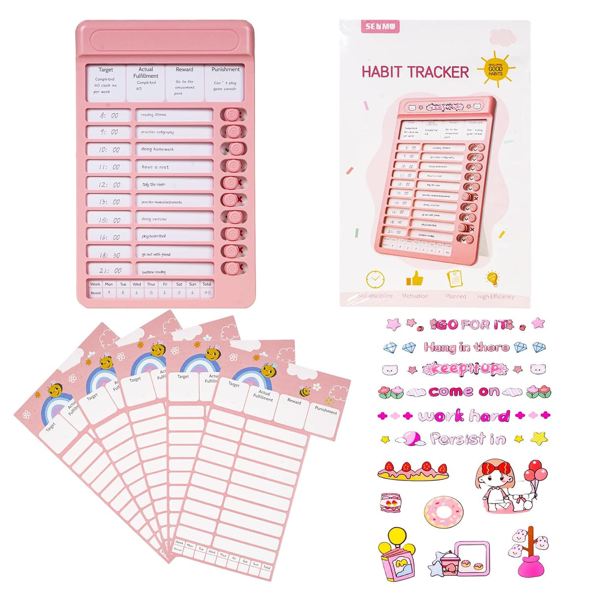 WISHKEY Habit Tracker Daily Planner For Kids And Adult Chore Chart Plastic Checklist Board 7 Detachable Cardstock to ...