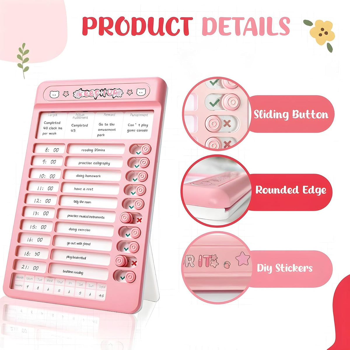 WISHKEY Habit Tracker Daily Planner For Kids And Adult Chore Chart Plastic Checklist Board 7 Detachable Cardstock to ...