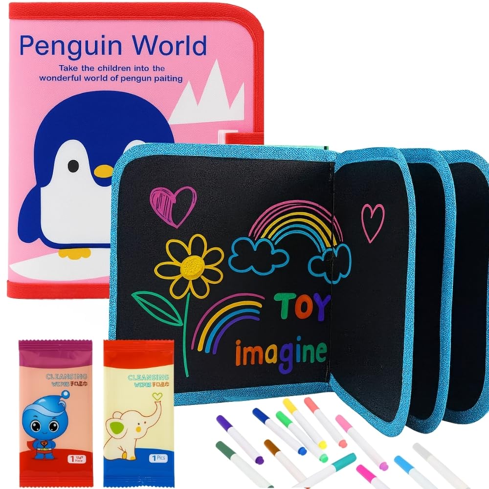 Toy Imagine 14 Pages Erasable Doodle Book with Markers & Wet Wipes Reusable Drawing & Coloring Pad | Magic Water Slat...