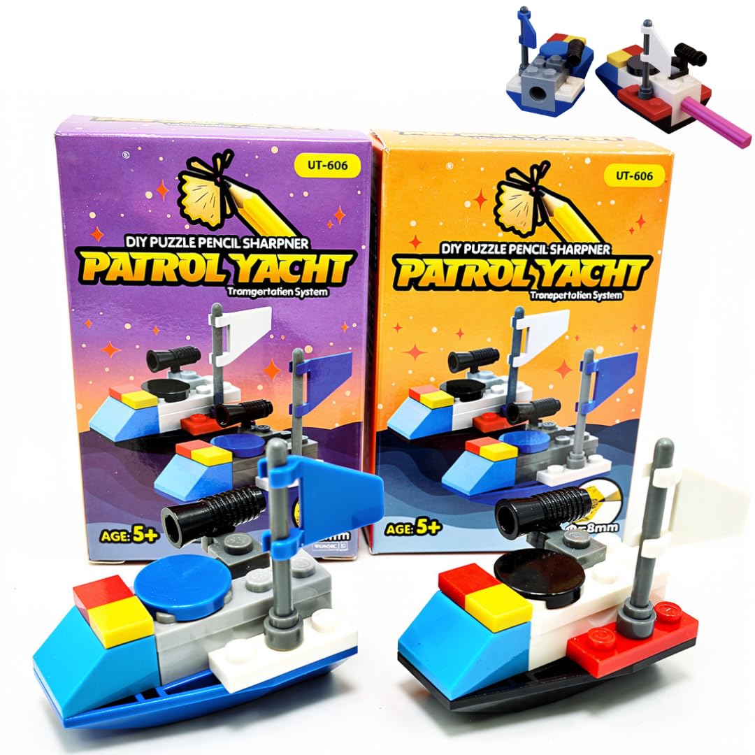 Pack of 2 KiddiBox DIY Puzzle Pencil Sharpener Patrol Yacht, Building Block Toy with Standard Sharpener, Multicolour ...