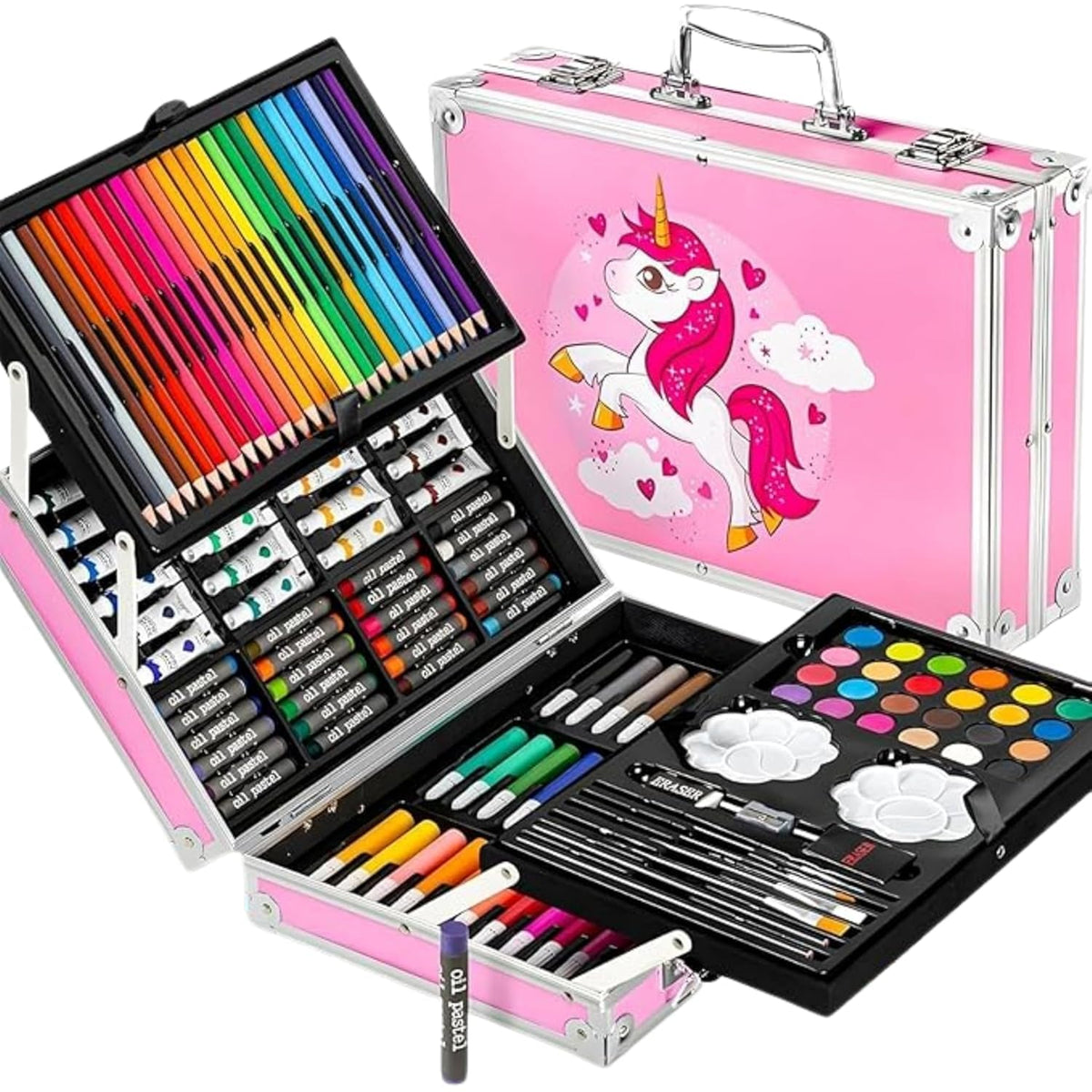 Corslet 145-Piece Art Set for Kids with Unicorn Storage Case | Drawing & Painting Kit with Oil Pastels, Watercolors, ...