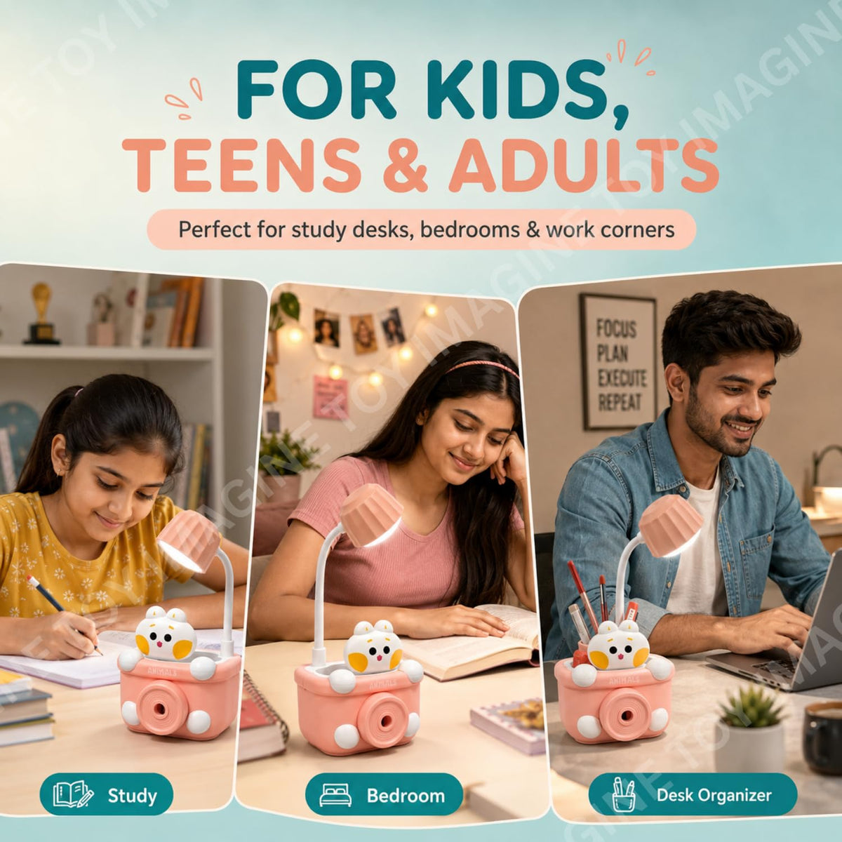 Toy Imagine 3-in-1 Kids LED Study Lamp USB Rechargeable Night Light with Pen Holder and Pencil Sharpener Cute Camera ...