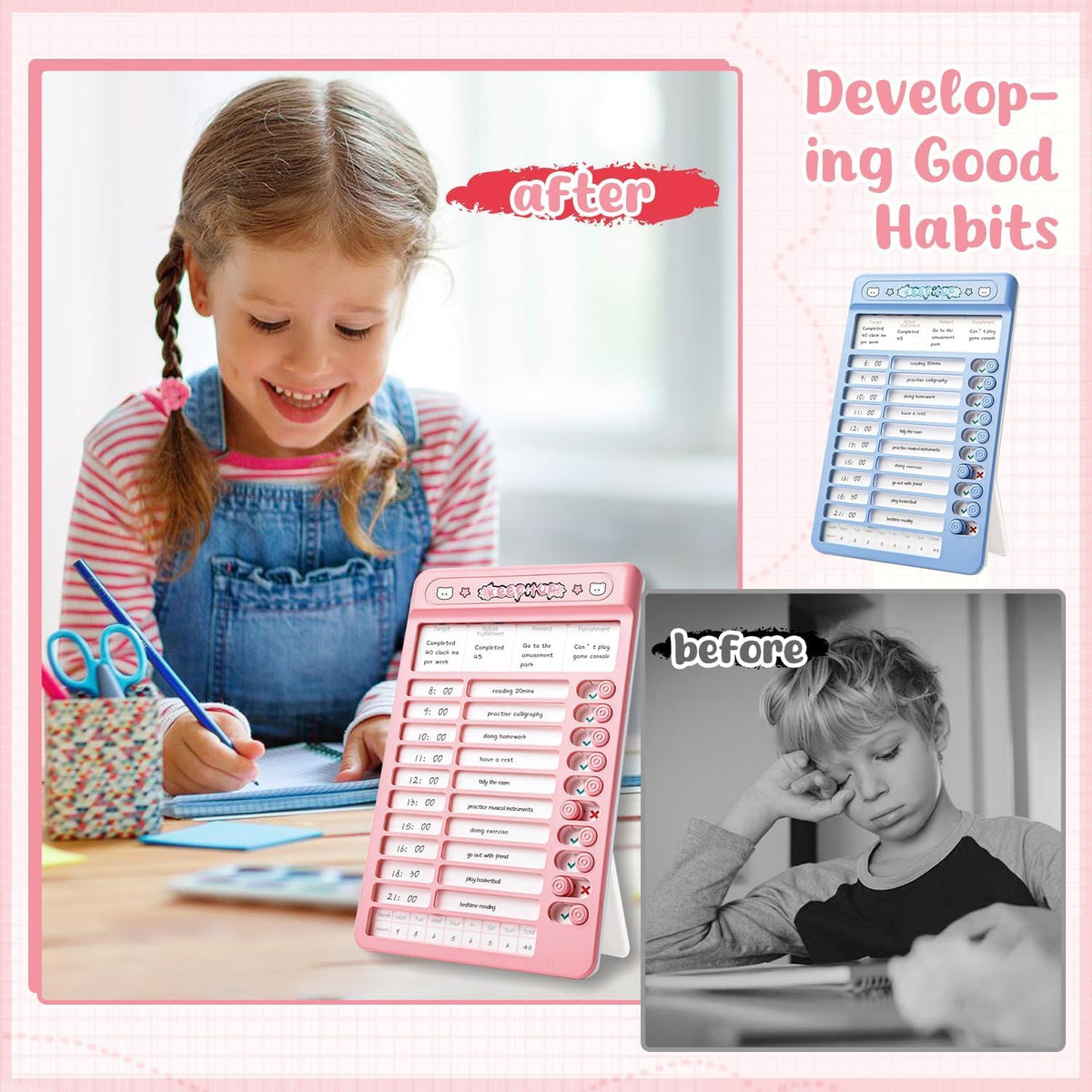 WISHKEY Habit Tracker Daily Planner For Kids And Adult Chore Chart Plastic Checklist Board 7 Detachable Cardstock to ...