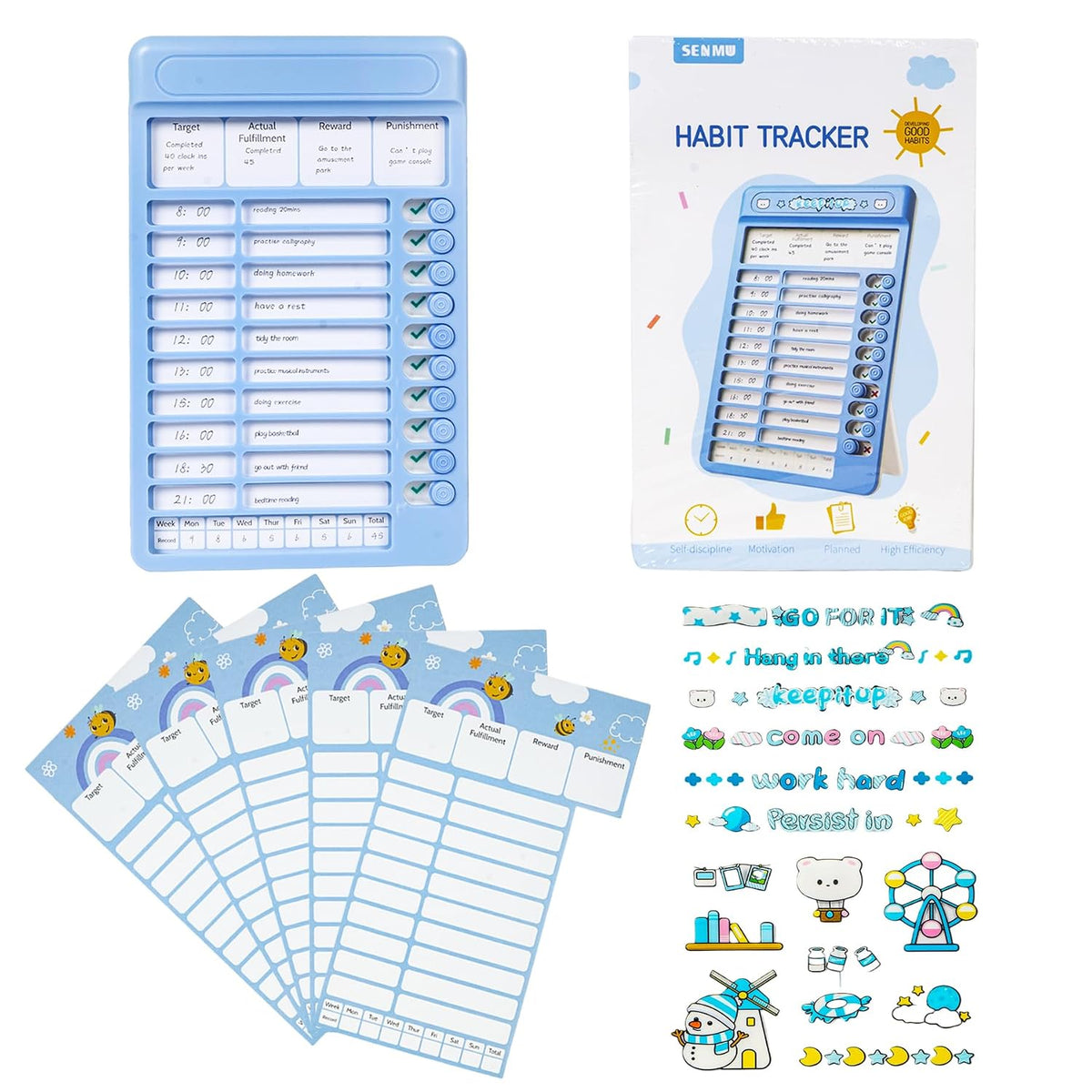 WISHKEY Habit Tracker Daily Planner For Kids And Adult Chore Chart Plastic Checklist Board 7 Detachable Cardstock to ...