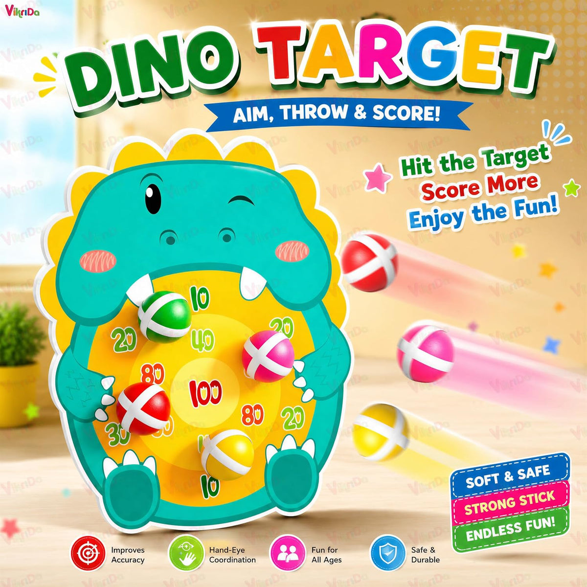 VikriDA Dinosaur Target Shooting Game for Kids | Indoor & Outdoor Toss Game with Target Board & 6 Sticky Balls | Educ...