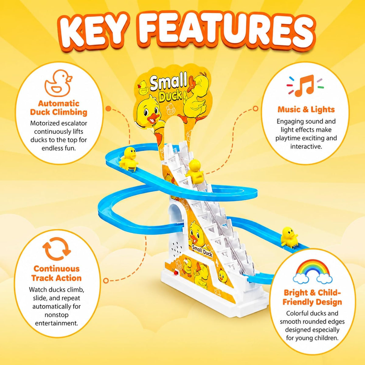 Small Duck Climbing Toy for Kids | Automatic Duck Staircase Slide Track with Music & Lights | Motorized Racing Track ...