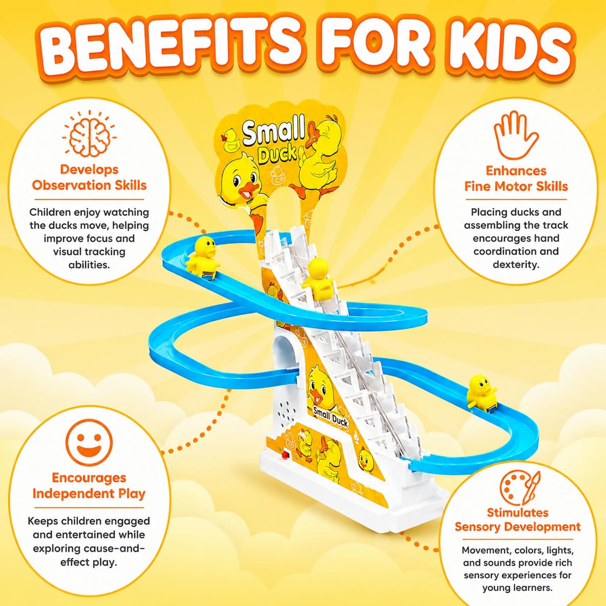Small Duck Climbing Toy for Kids | Automatic Duck Staircase Slide Track with Music & Lights | Motorized Racing Track ...