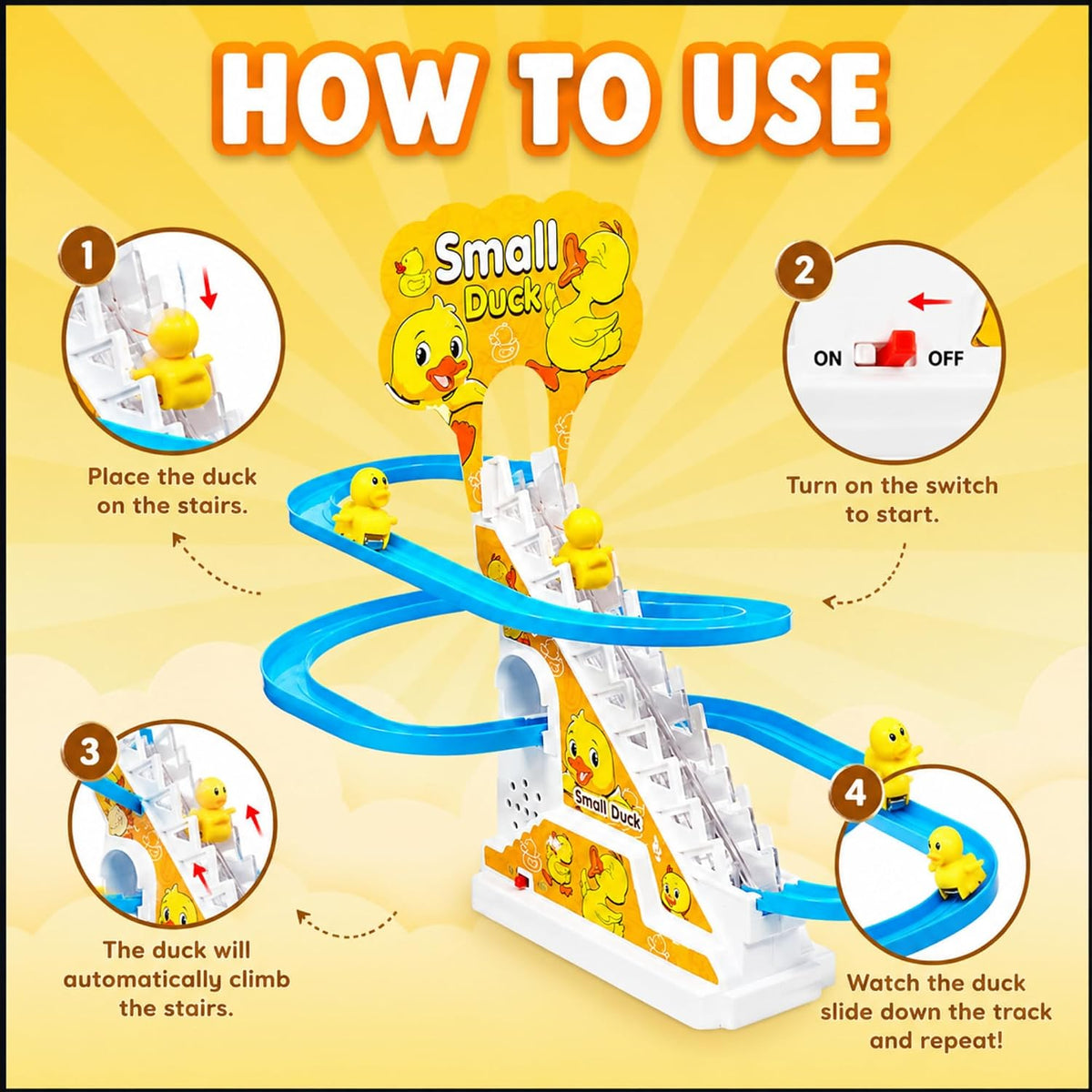 Small Duck Climbing Toy for Kids | Automatic Duck Staircase Slide Track with Music & Lights | Motorized Racing Track ...
