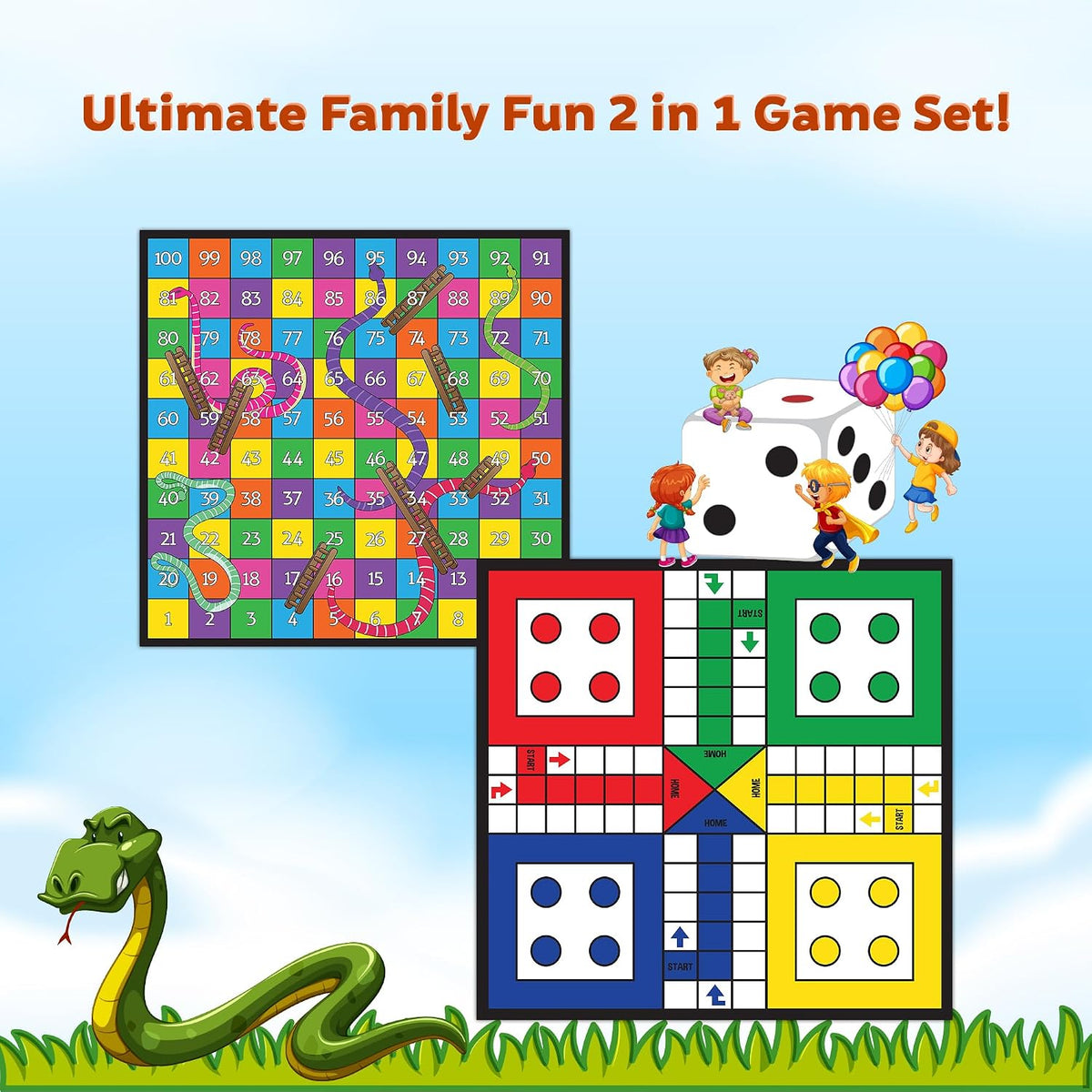 Popcorn Games & Puzzles 2-in-1 Ludo and Snakes & Ladders Board Game for Kids, Adults & Family | Travel-Friendly Class...