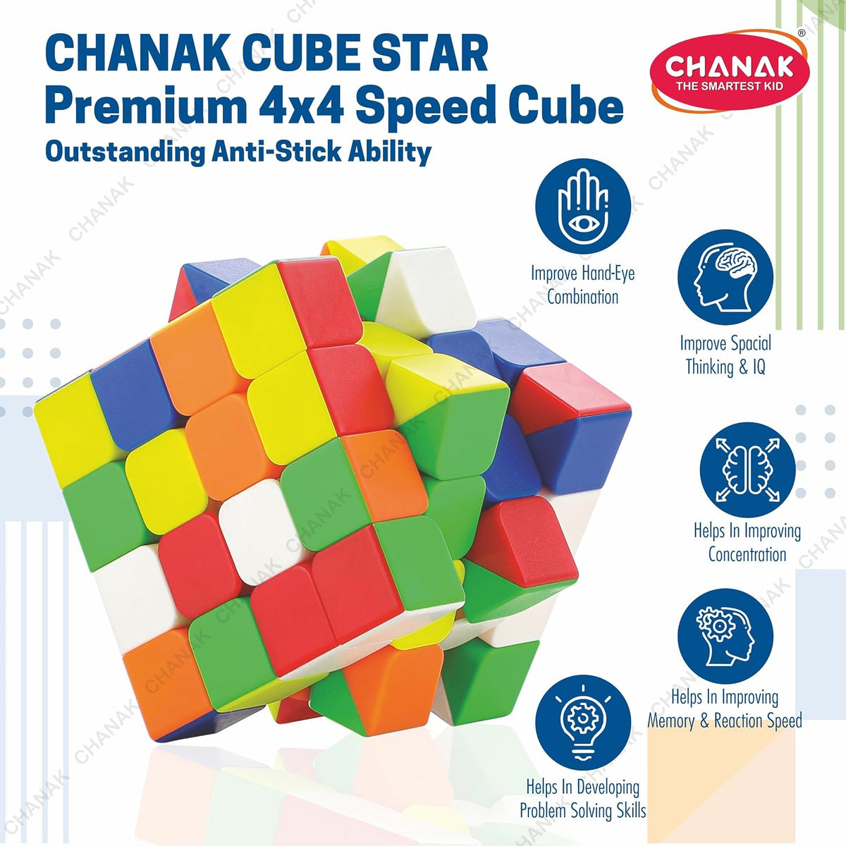 Chanak 4x4 Cube, High Speed Stickerless Cube Puzzle for Kids, Brainstorming Cube for Kids Above 6 Years, BIS Approved.