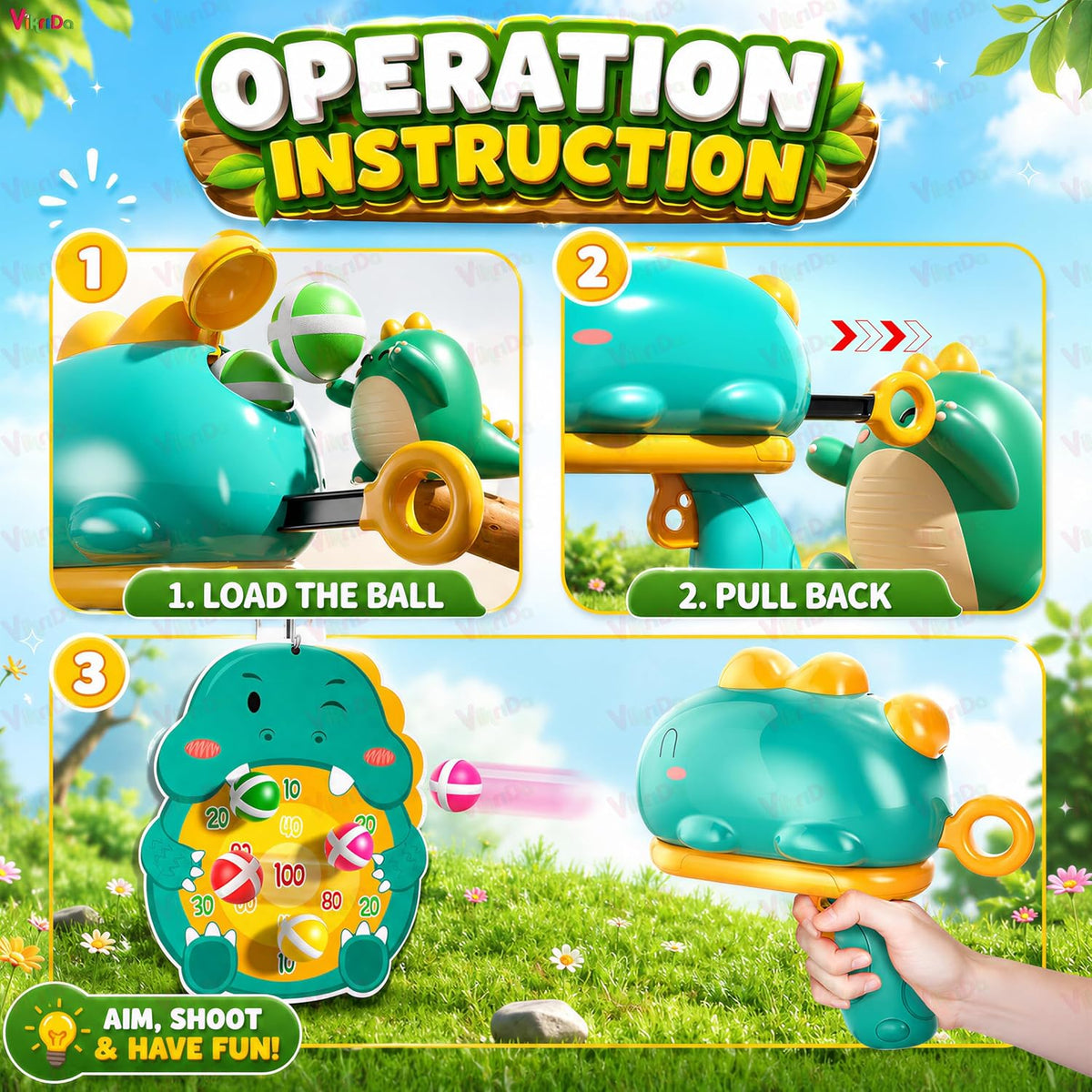 VikriDA Dinosaur Target Shooting Game for Kids | Indoor & Outdoor Toss Game with Target Board & 6 Sticky Balls | Educ...