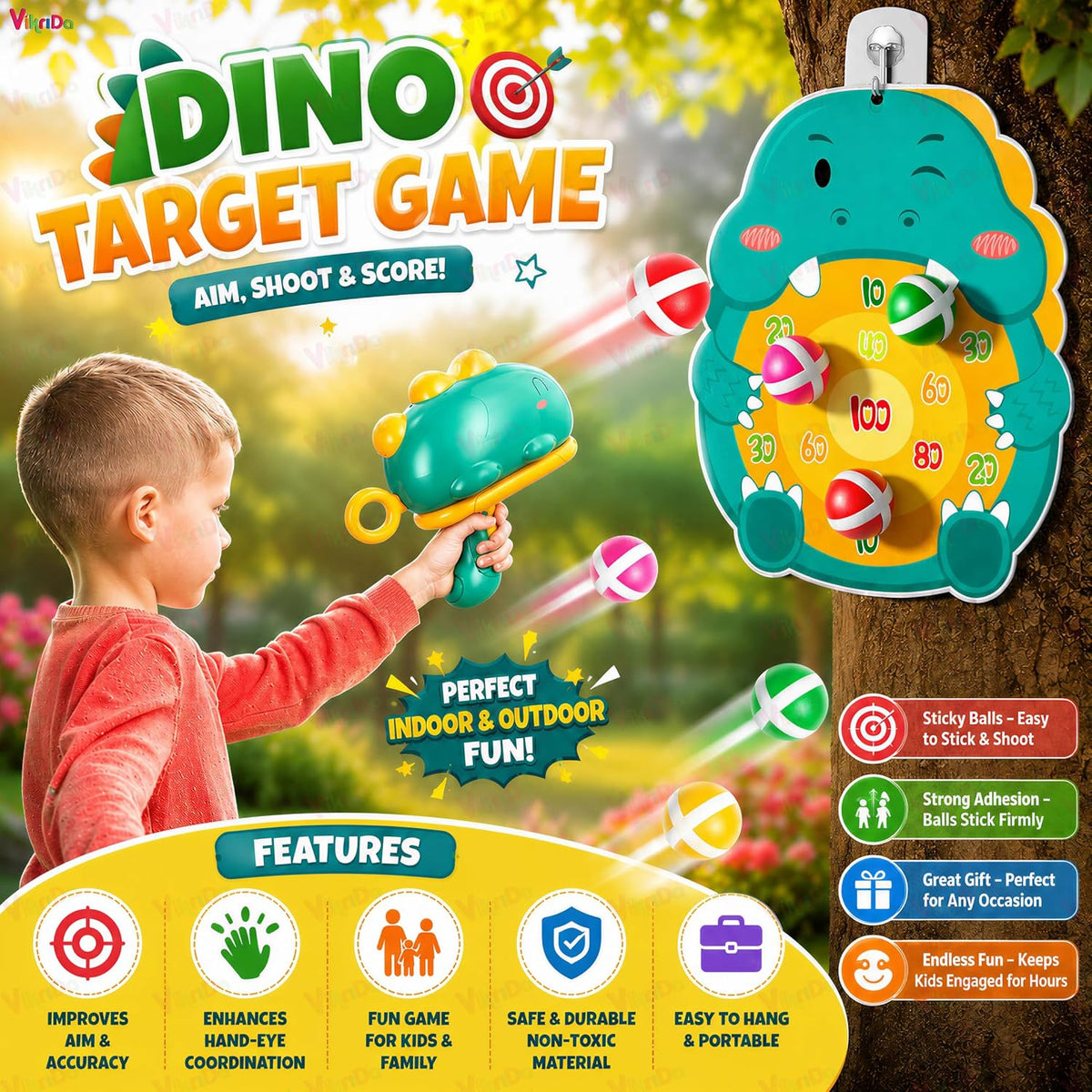 VikriDA Dinosaur Target Shooting Game for Kids | Indoor & Outdoor Toss Game with Target Board & 6 Sticky Balls | Educ...