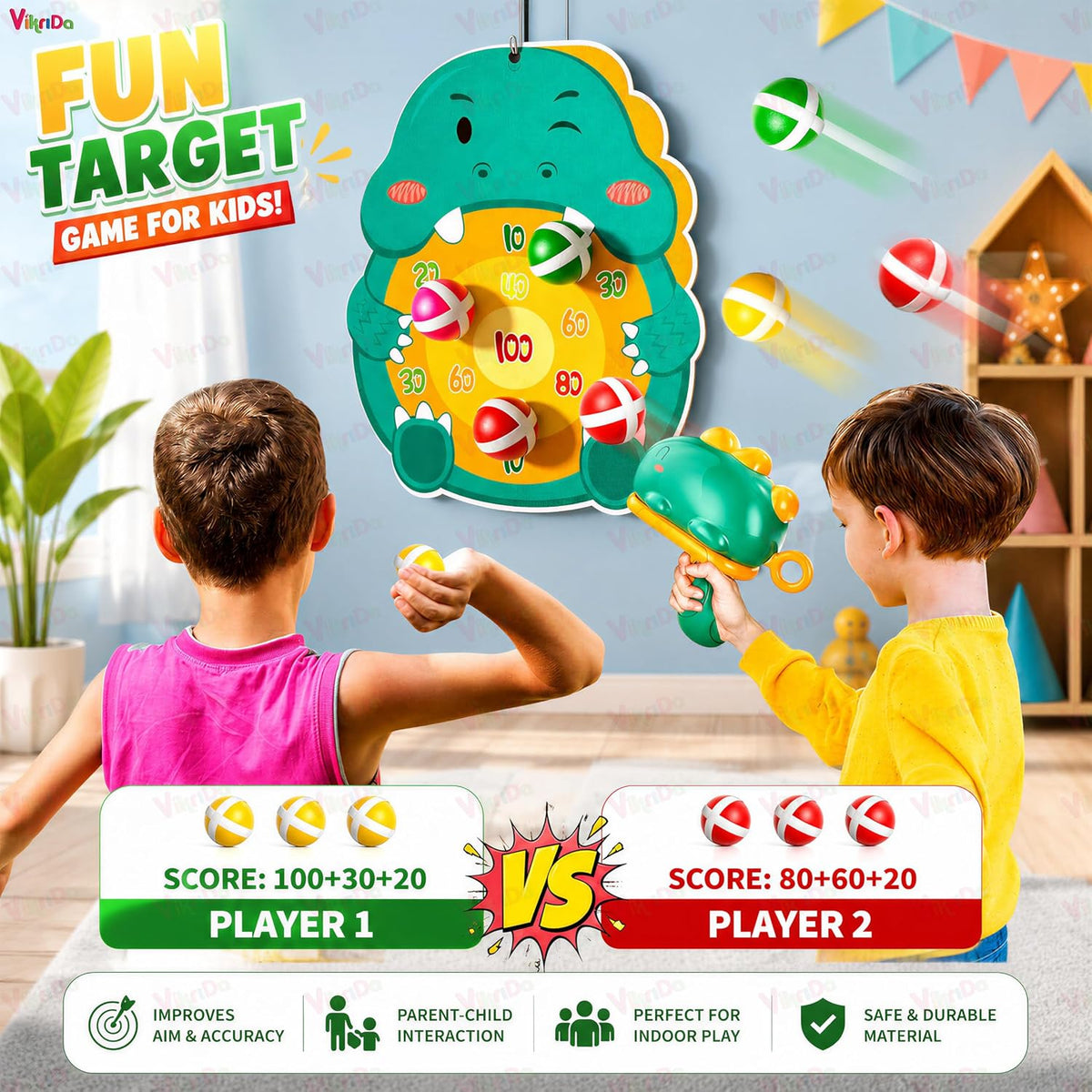 VikriDA Dinosaur Target Shooting Game for Kids | Indoor & Outdoor Toss Game with Target Board & 6 Sticky Balls | Educ...