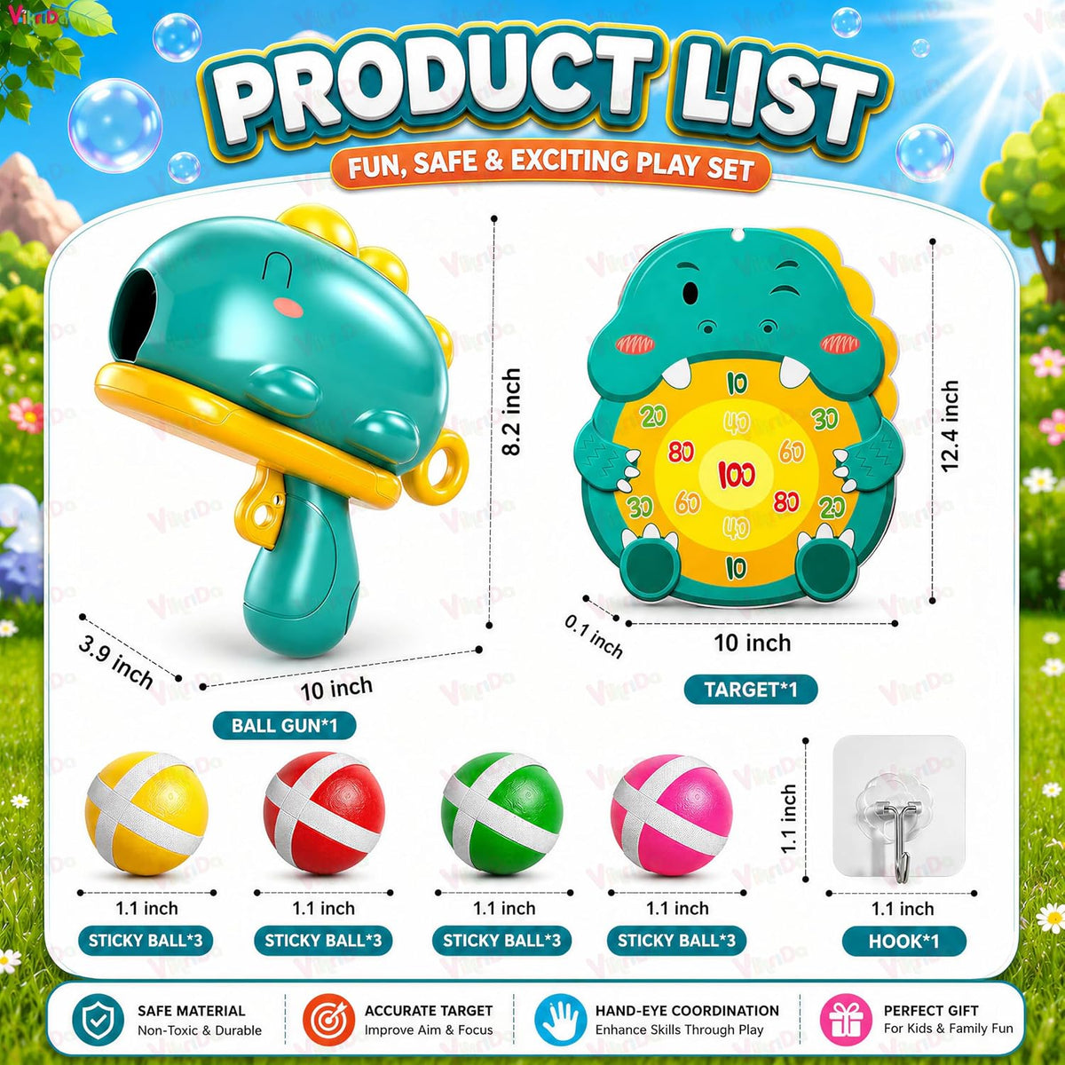 VikriDA Dinosaur Target Shooting Game for Kids | Indoor & Outdoor Toss Game with Target Board & 6 Sticky Balls | Educ...