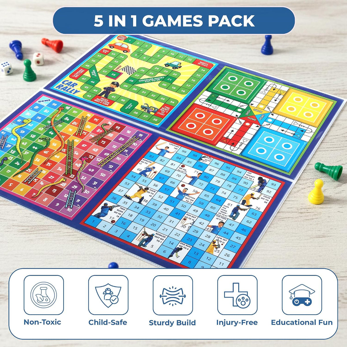 Ratna's Business Junior Coins 5 in 1 Board Game Set of Business, Snake and Ladders, Ludo, Car Rally, and Cricket Game...