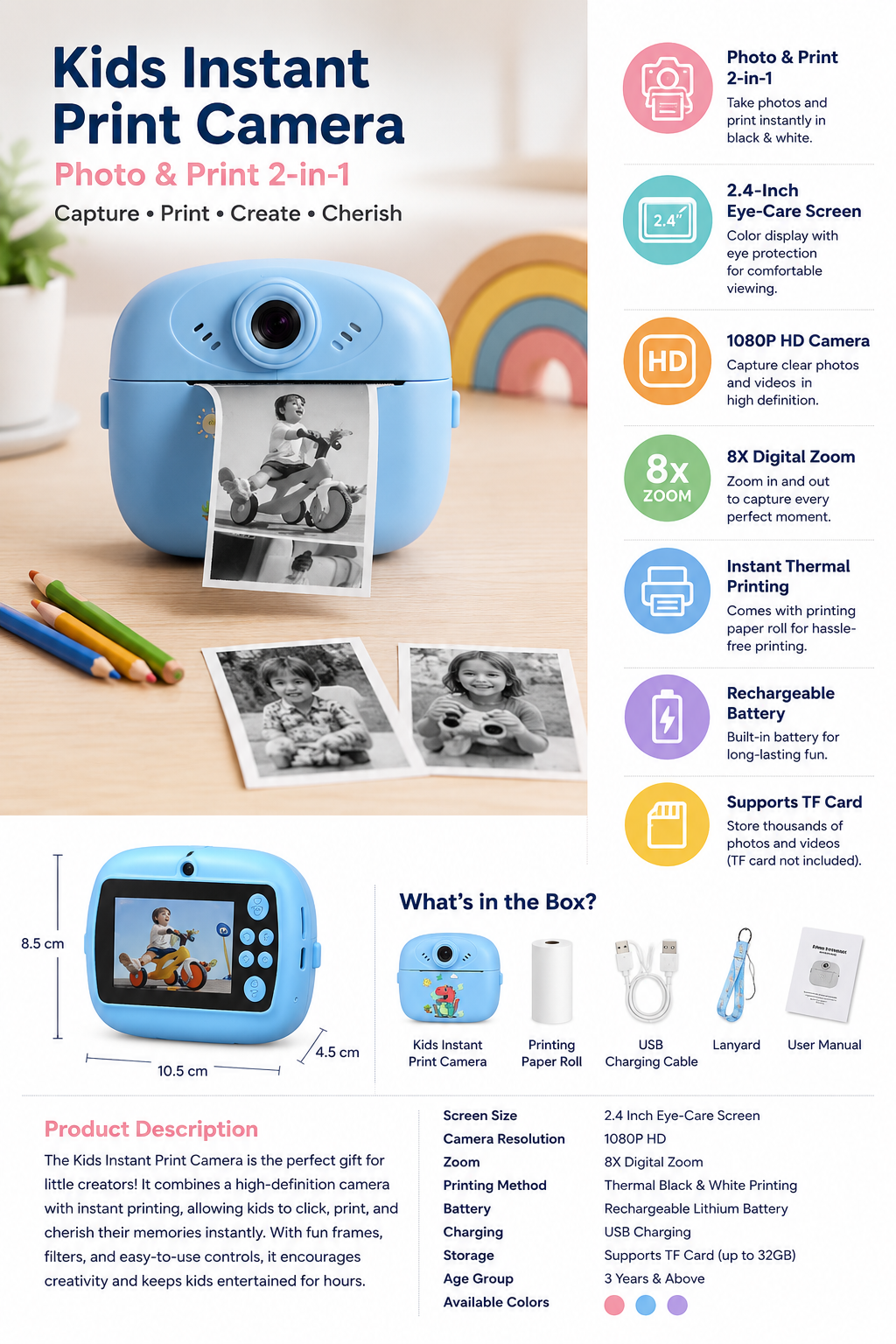 Kids Instant Print Camera – Photo & Print 2-in-1