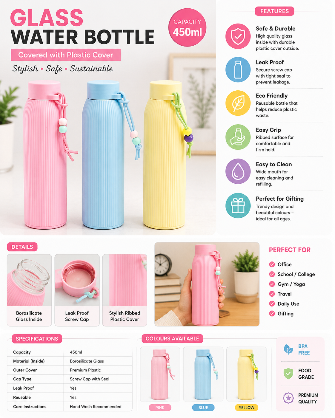 450ml Glass Water Bottle with Protective Plastic Cover