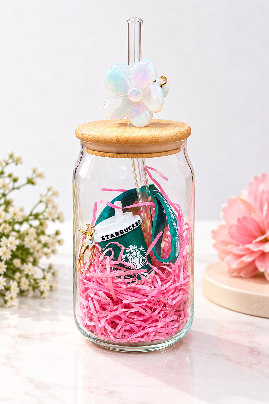 Glass sipper with wooden lid gift Combo