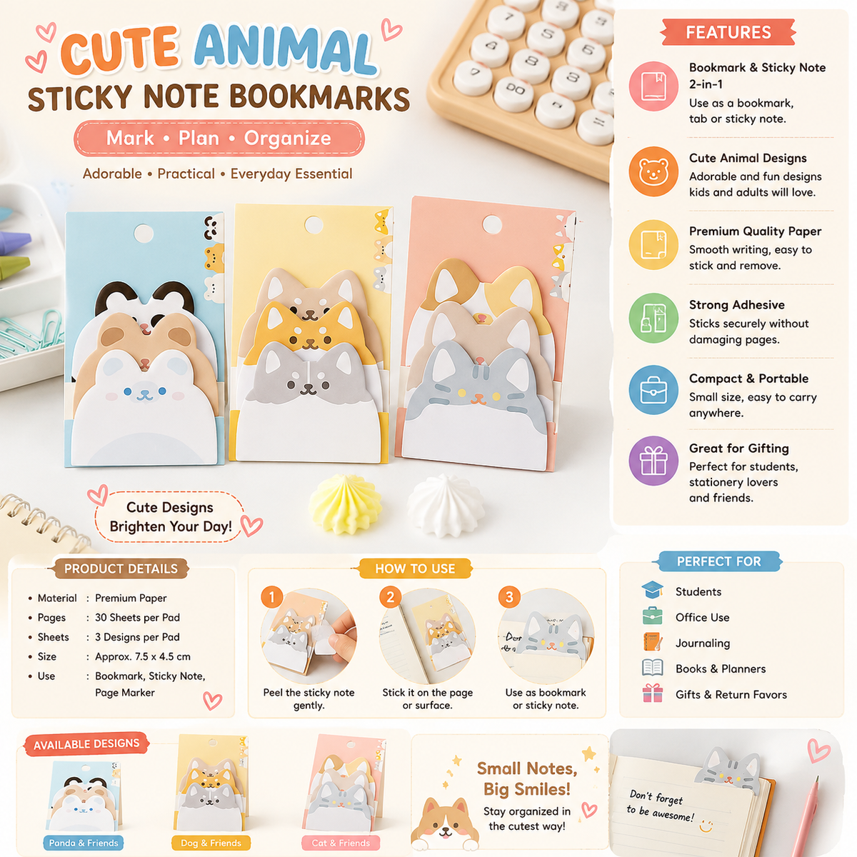 Cute Animal Sticky Note Bookmarks – Kawaii Page Markers