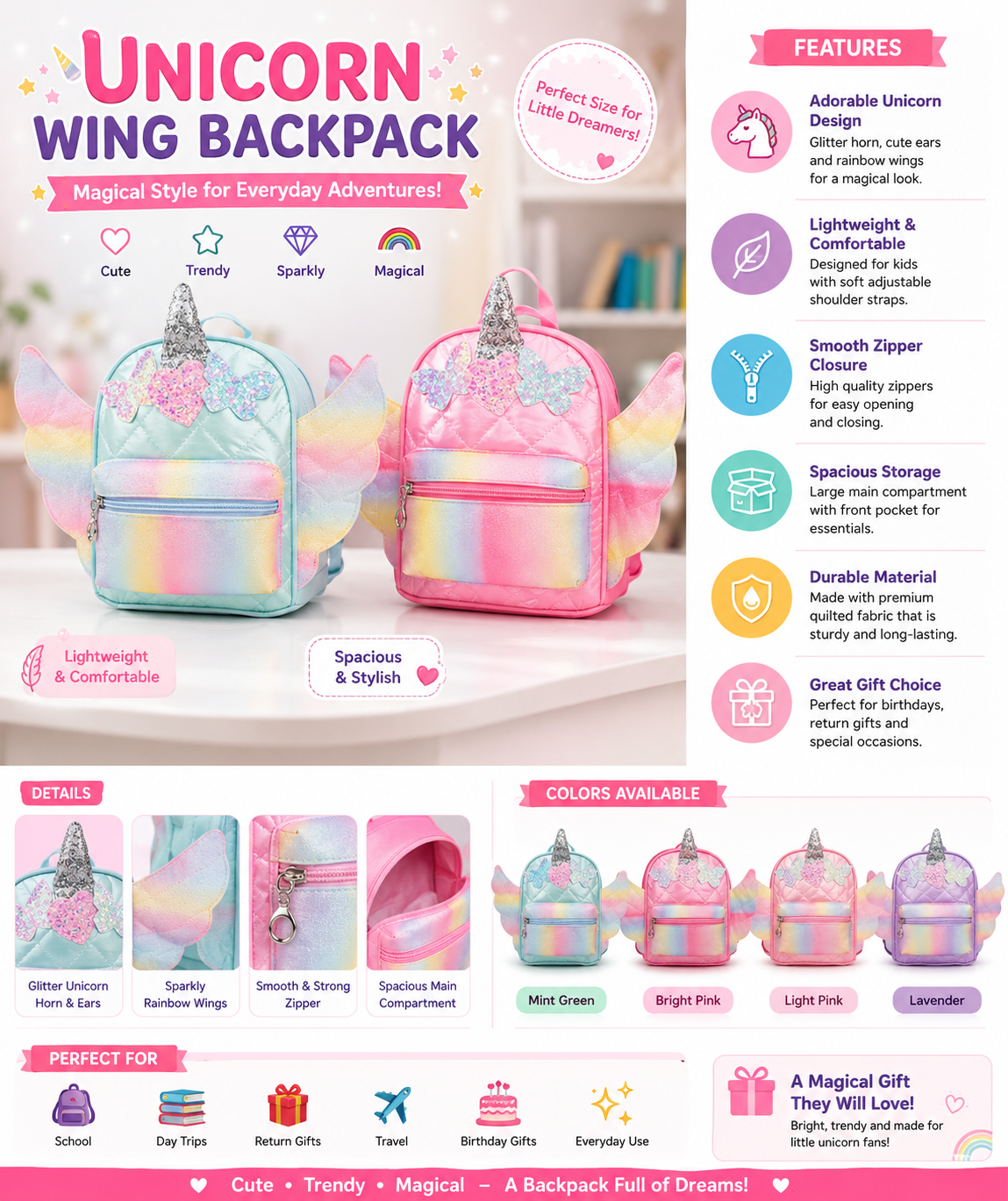 Glitter Unicorn Wing Backpack for Kids