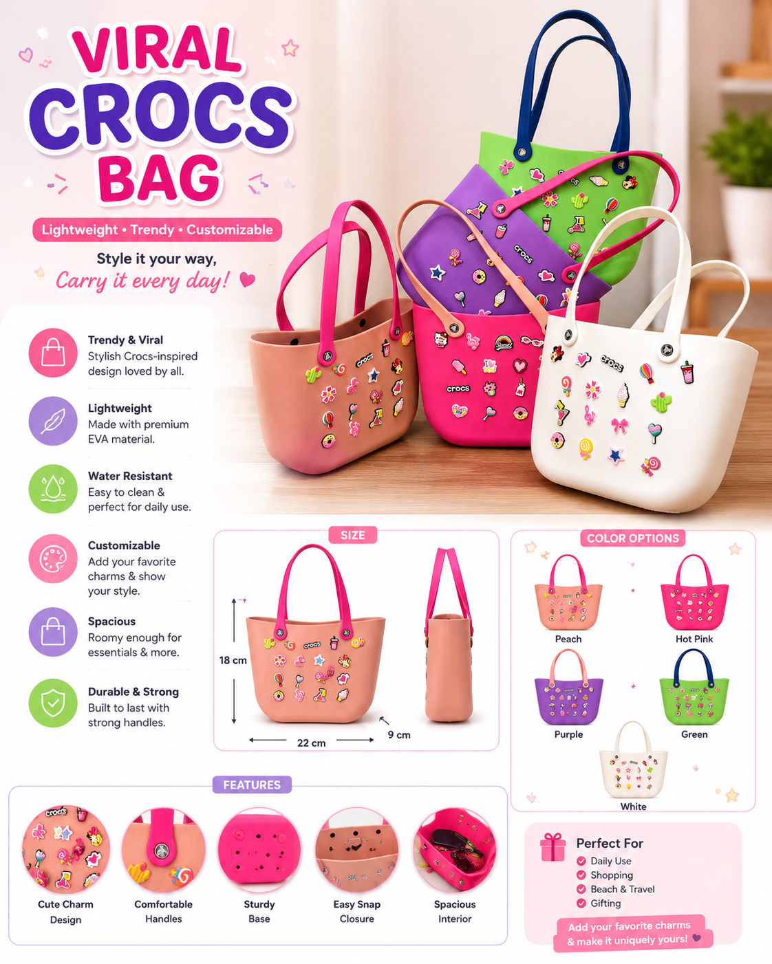 Viral Crocs Bag – Trendy Charm Tote Bag